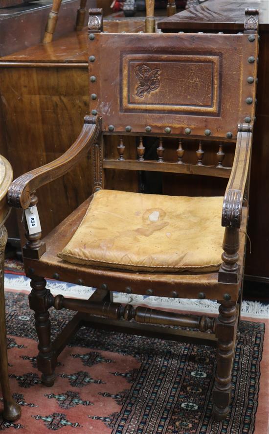 A set of six French walnut dining chairs, late 19th century, and a similar armchair